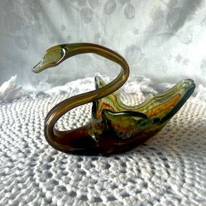 Vintage Murano Style Sooner Handblown Glass Green & Amber Swan (Large)